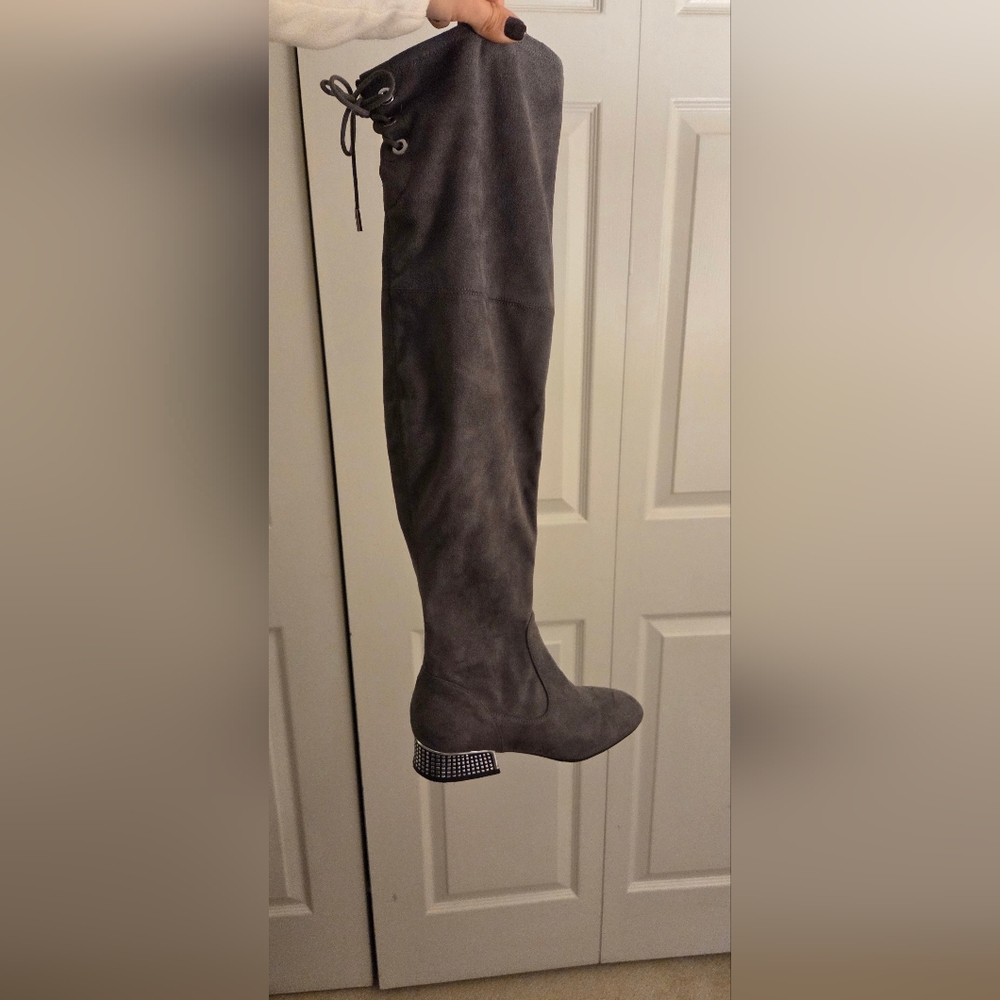 Gray Suede Over-the-Knee Boots - Picture 3 of 6